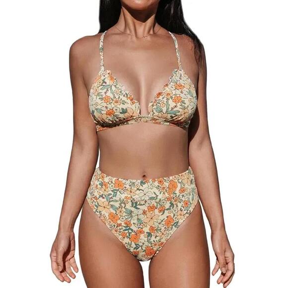 NWT Cupshe High Waist Floral Pattern Textured Two Piece Swimsuit - Size XS - Picture 1 of 3